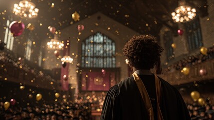 Graduate Back View At Graduation Ceremony With Confetti And Balloons