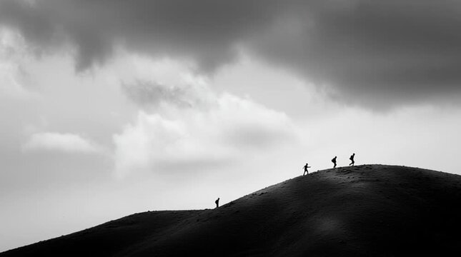 Wide cinematic shot of a family as tiny silhouettes walking along a high hill ridge beneath a vast, cloudy sky, emphasizing scale, journey, resilience, and the immensity of the world around them.
