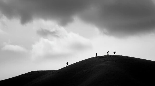 Wide cinematic shot of a family as tiny silhouettes walking along a high hill ridge beneath a vast, cloudy sky, emphasizing scale, journey, resilience, and the immensity of the world around them.
