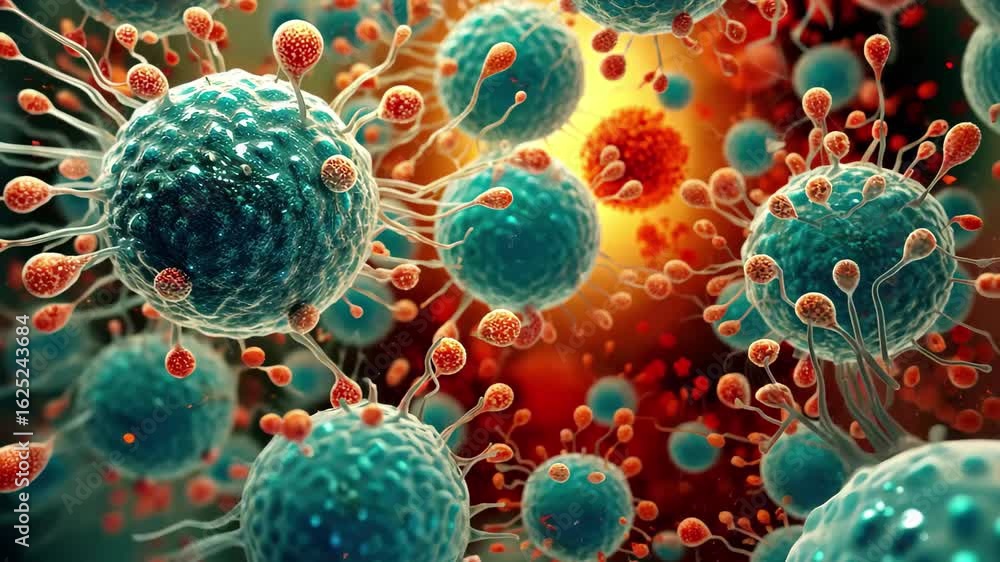 Poster detailed visualization of microscopic cells and microorganisms in vibrant colors showcasing their st
