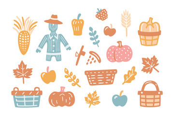 Harvest Season's Bounty: Illustrated elements of the harvest season are artfully arranged, from the scarecrow to the corn, the pumpkins, and baskets.