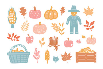Autumn Harvest Delight: A whimsical illustration captures the essence of autumn with vibrant pumpkins, falling leaves, a friendly scarecrow, and other harvest elements creating a warm, inviting scene.