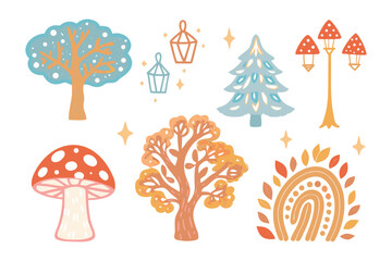 Whimsical Elements of Nature's Magic: Adorable illustration of decorative nature elements that showcase the enchanting allure of the environment's flora and fauna.