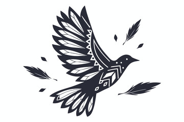 Decorated tribal bird soars among scattered feathers in a bold monochromatic image