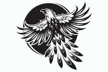 A stylized phoenix soars powerfully with wide wings before a bold black circle