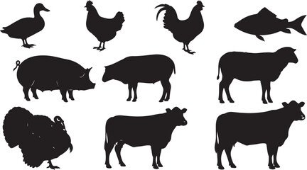 Black Silhouettes of Farm Animals on White Background livestock agriculture