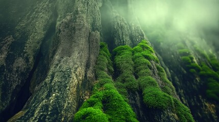 A lush green forest landscape awakens in the morning fog with a gentle stream cascading over mossy rocks