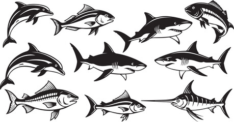 Collection of Black and White Marine Life Silhouettes Including Dolphins Sharks and Fish