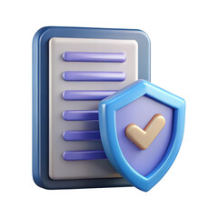 3d render of a document with a security shield and checkmark isolated on transparent background