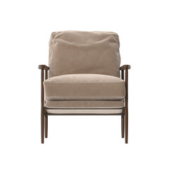 Modern Armchair, Exposed Wood Frame, Plush Beige Cushions, Front View 3D Render