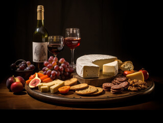 Elegant cheese board with assorted cheeses, meats, fruits, and wine displayed on rustic wooden table