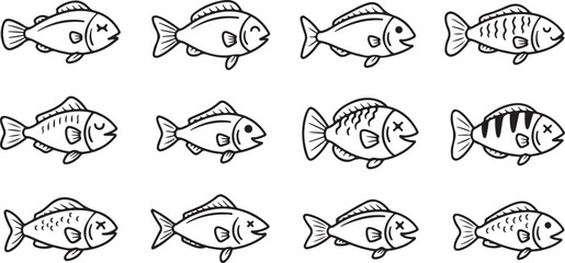 Hand Drawn Black and White Illustrations of Twelve Different Fish Faces drawing