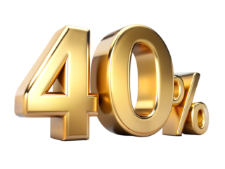 3 D golden metallic numeral 40 percent symbol isolated on a transparent background number