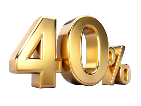 3 D golden metallic numeral 40 percent symbol isolated on a transparent background number - Powered by Adobe