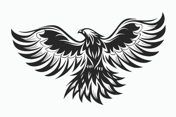 Abstract black and white hawk soars with powerful wings spread widely overhead now