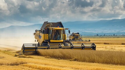 Agricultural workers operate combine harvesters across a wide field, coordinating modern machinery to efficiently harvest crops, showcasing teamwork, large-scale farming, and contemporary agricultural