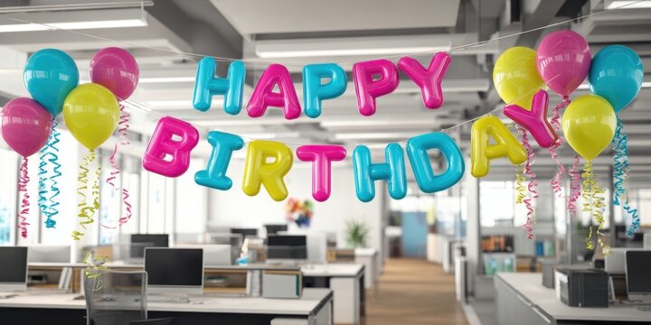The vibrant birthday celebration in a modern office environment with colorful decorations. - Powered by Adobe