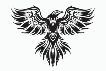 Abstract black tribal phoenix with detailed wing patterns is soaring upwards gracefully