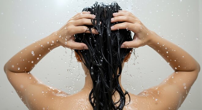 Woman washing hair in shower with water droplets and wet hair