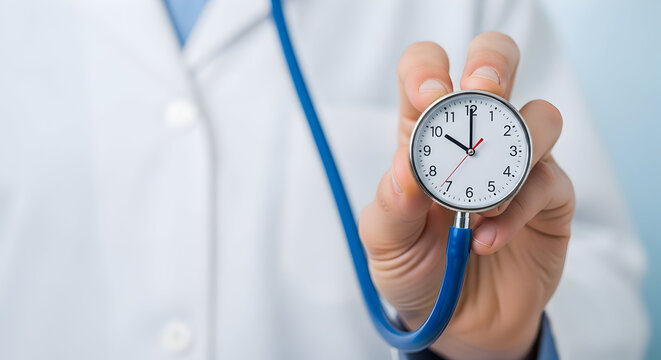 Doctor holding clock healthcare time management medical appointment