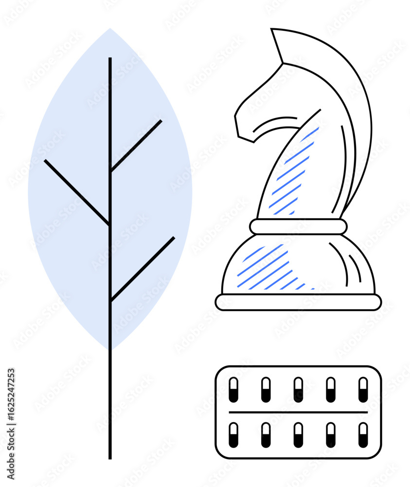 Poster chess knight with bold lines, abstract leaf branch, and calculator panel aligning conceptual themes 