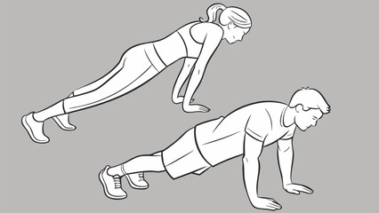 Man and woman performing yoga in four-limbed staff pose preparing for a push-up exercise shown in detailed vector style.