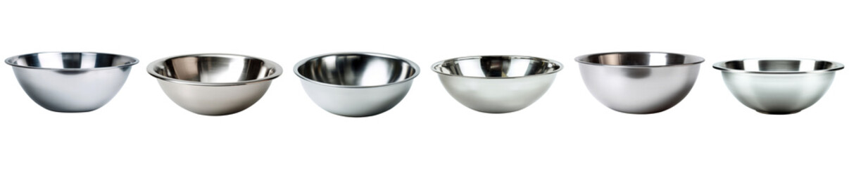 Collection of stainless steel mixing bowls in various sizes isolated on transparent background