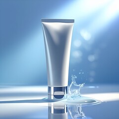 Cleansing foam tube with water splash placed on white surface