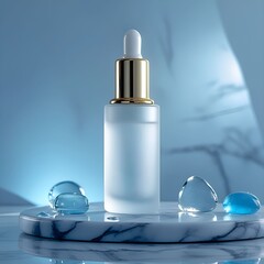 Skincare serum bottle placed on marble surface on soft blue background