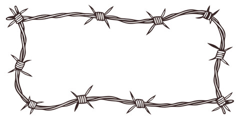 barbed wire frame border design line art illustration security fence western rustic decorative element outline isolated on white background.