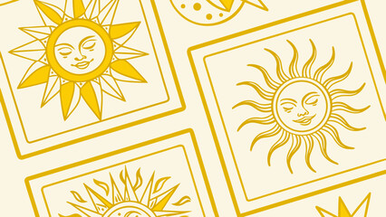 golden sun face tile pattern decorative design yellow celestial symbols grid layout vintage style illustration