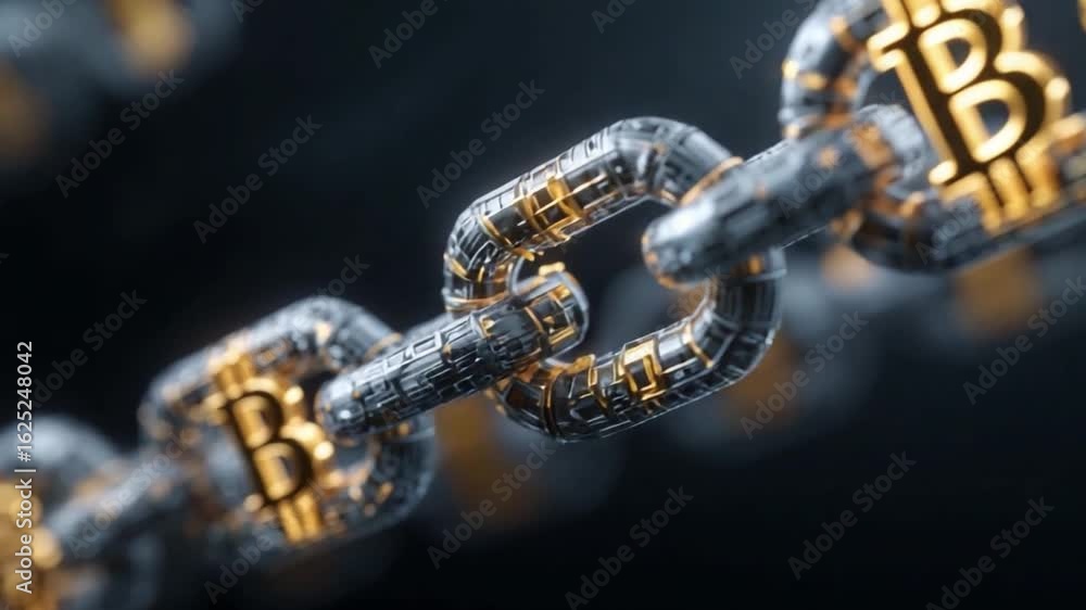 Poster bitcoin chain: a close-up shot showcasing a digital chain links, each adorned with the bitcoin symbo