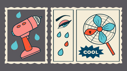 cooling methods illustrated in vintage comic style stamp printed in the ussr shows the letter a illustration design.