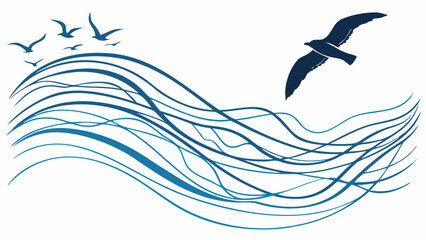 stylized abstract blue waves and flying seagulls on a white background vector graphic isolated on white backgroud.