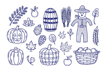Harvest Icons: A collection of hand-drawn icons embodies the spirit of harvest, featuring a friendly scarecrow, pumpkins, autumnal leaves, and various produce elements, all sketched with fine detail.
