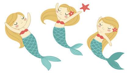 three adorable cartoon mermaids in playful poses with starfish and floral hair accents isolated on white background.