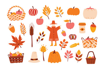 Autumn Harvest Feast: A vibrant illustration presents an array of autumn elements, including pumpkins, apples, and a scarecrow, representing the spirit of the harvest season. 