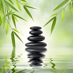 Zen stones stacked on water with bamboo leaves overhead