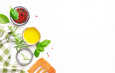 Food and cooking background, spices herbs, kitchen utensils, top view. Rose and black pepper, fresh...