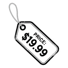 Vector icon of price tag with dollar, euro, yen, and rupee currency symbols isolated in black and white