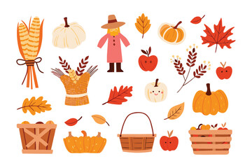 Autumn Harvest Collection: A charming, illustrative collection of autumn elements, including ripe pumpkins, fresh apples, fallen leaves, woven baskets, and a friendly scarecrow.