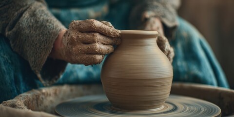 The skilled artisan shaping a beautiful clay pot on a pottery wheel.