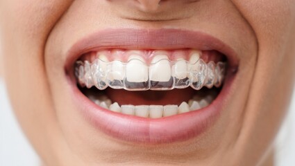 Fototapeta premium Close-up of clear dental aligners on caucasian female adult teeth