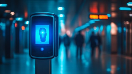 A bright, futuristic facial recognition device stands in a dimly lit space, hinting at advanced technology and surveillance in a busy environment.
