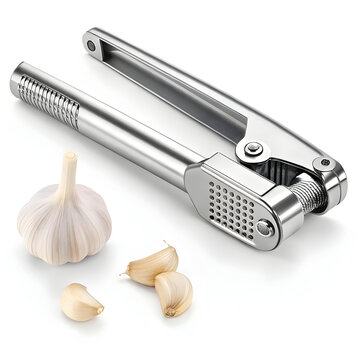 A durable stainless steel garlic press designed to crush garlic cloves easily,