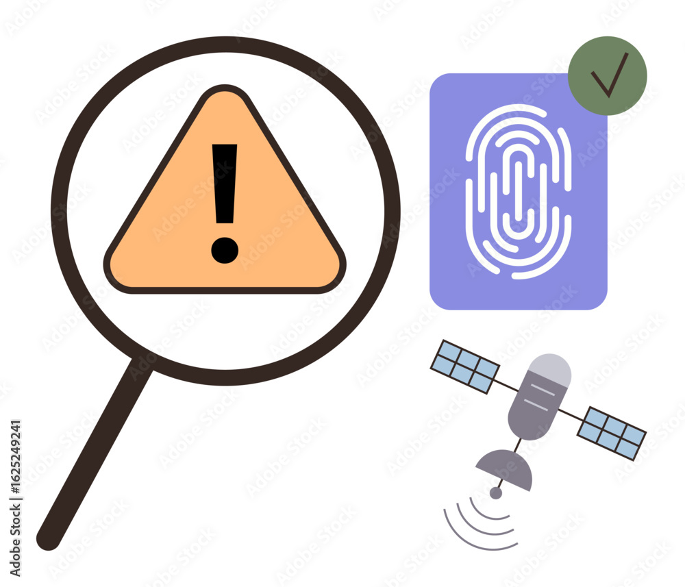 Poster magnifying glass focusing on a warning sign, next to a secure fingerprint icon and a communication s
