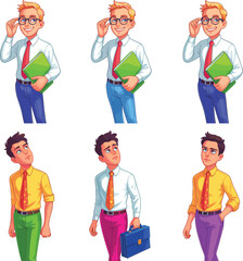 Cartoon business men characters in colorful office outfits holding folders and briefcases, professional male workers, corporate illustration, modern style