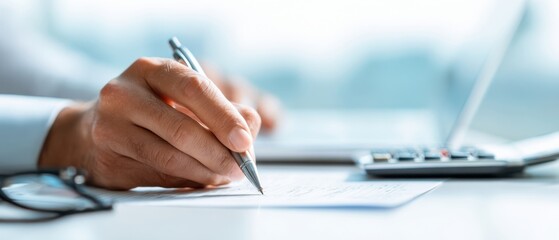Obraz premium The professional hand writing important notes at a modern office desk.