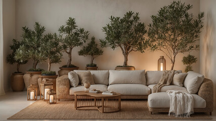 Elegant living room with olive trees warm lighting and cozy furniture in a modern bohemian style