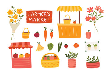 Freshness on Display: A charming illustration showcasing the vibrant sights and abundance of a farmer's market, featuring fresh produce, colorful flowers, and inviting stalls.